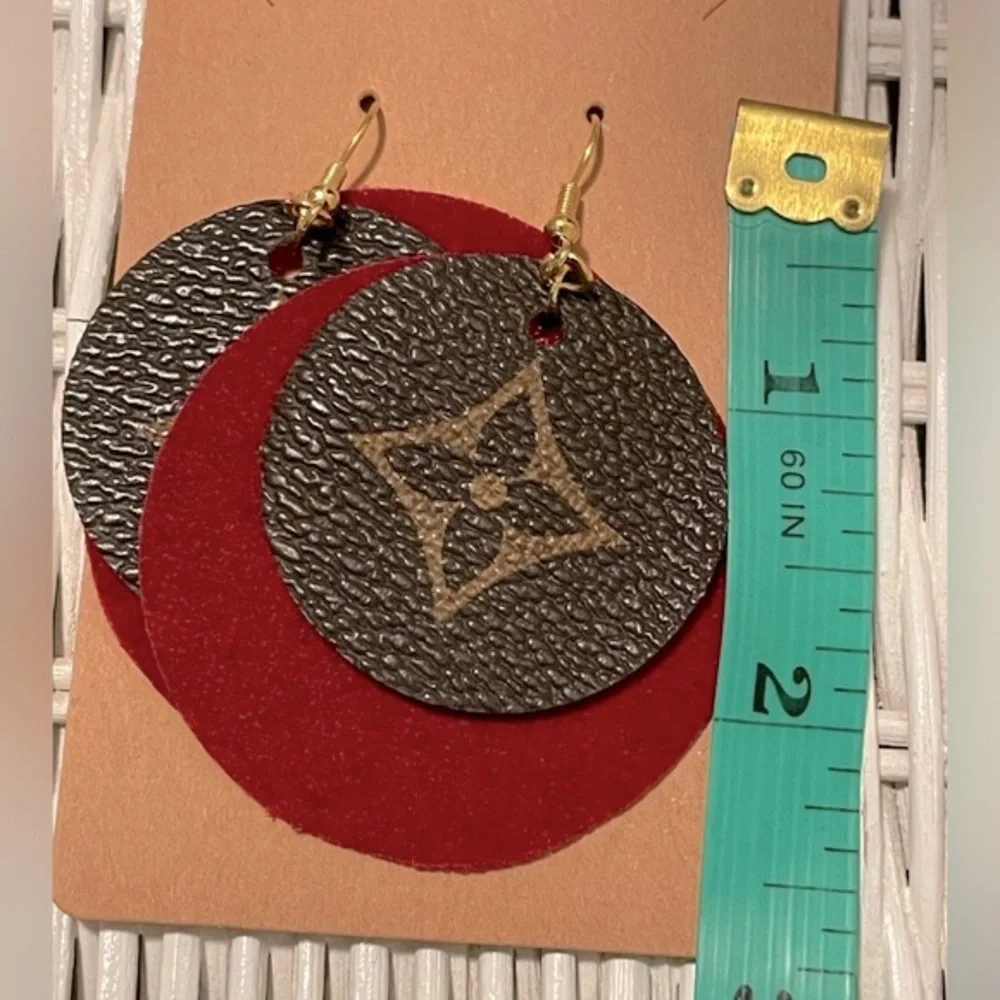 Custom Made Lux Earrings - NWT - hand crafted upcycled from a rehab bag 2” wide - Picture 2 of 4